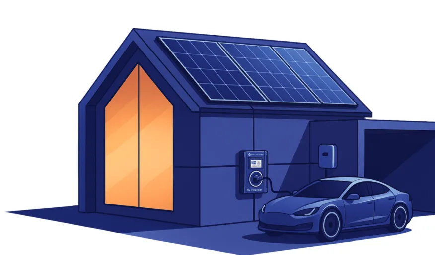 Dům se solárními panely a nabíjecí stanicí pro elektromobily